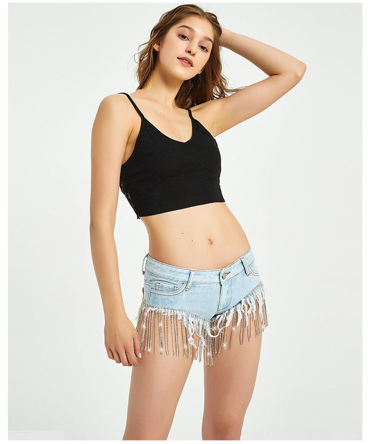 Short en jean sexy avec pompon et chaîne de diamants à élastique électronique Femme - RAPHYA