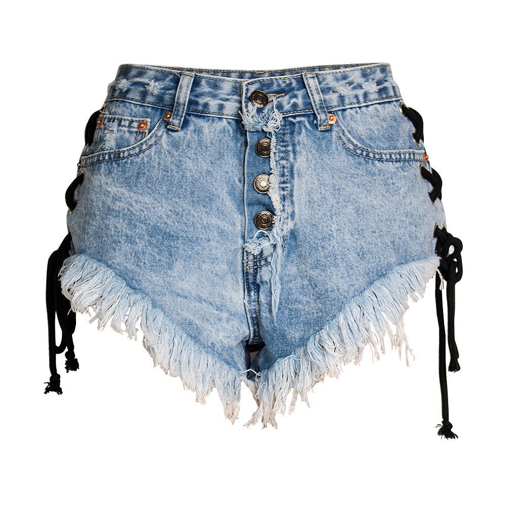 Short en jean super court sexy à franges taille mi-haute Femme - RAPHYA