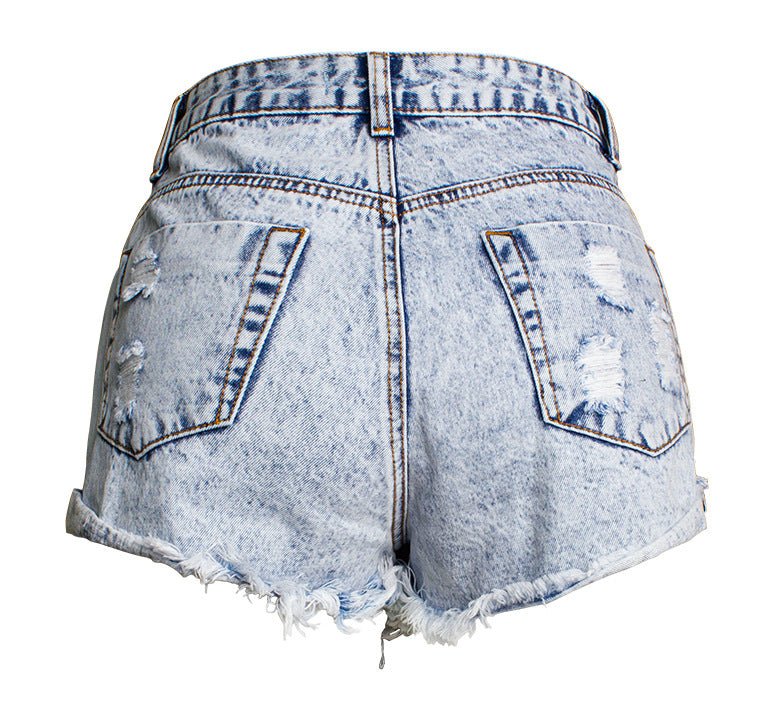 Short personnalisé à poche à franges et revers en denim blanc délavé taille haute personnalisé Femme - RAPHYA