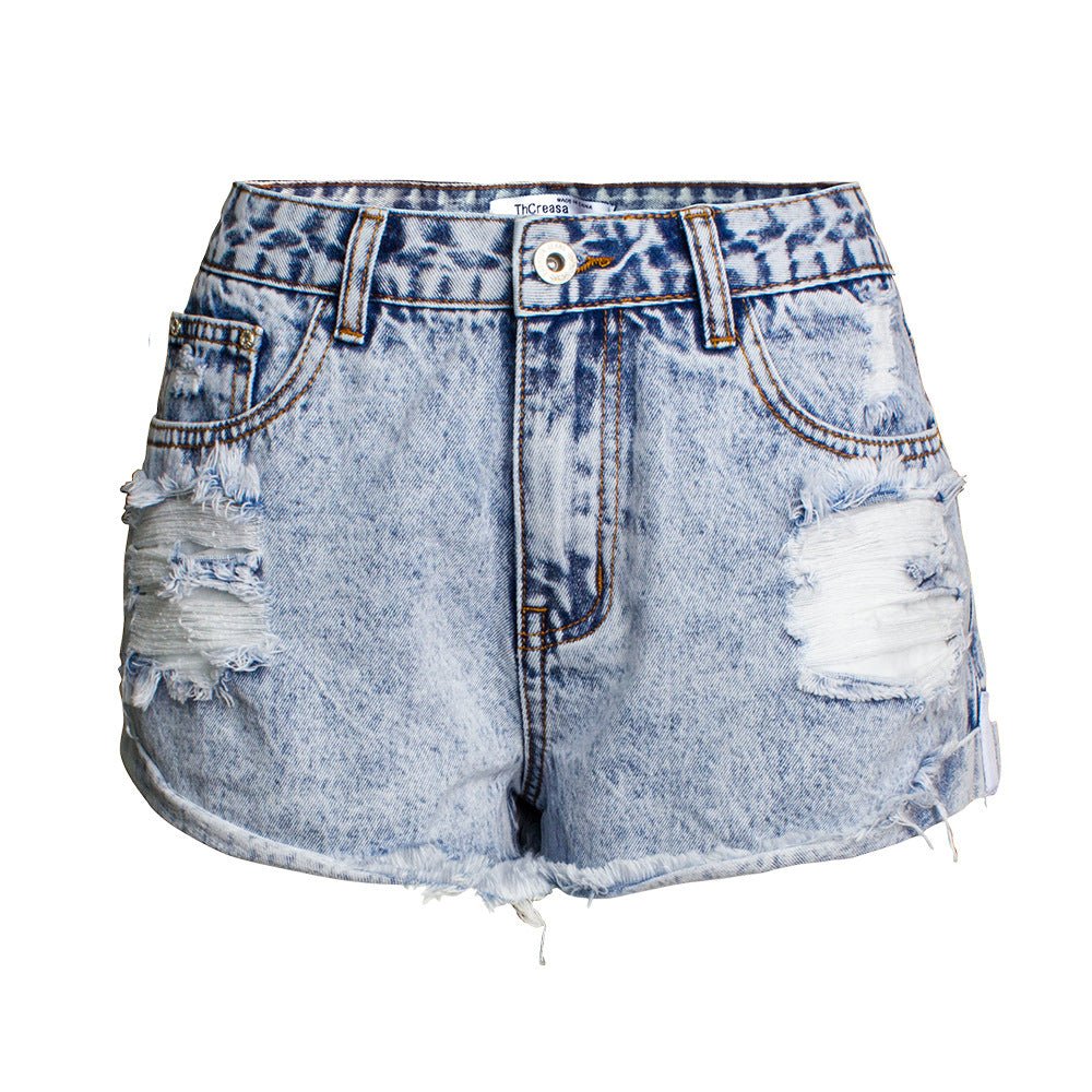 Short personnalisé à poche à franges et revers en denim blanc délavé taille haute personnalisé Femme - RAPHYA