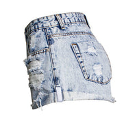 Short personnalisé à poche à franges et revers en denim blanc délavé taille haute personnalisé Femme - RAPHYA