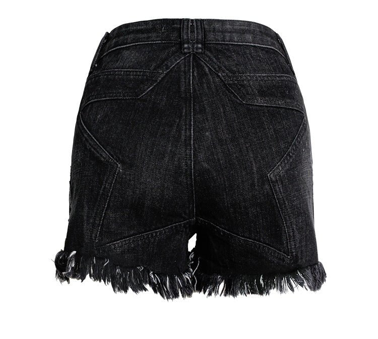 Short taille haute en jean effet vieilli à franges irrégulières et motif étoile Femme - RAPHYA