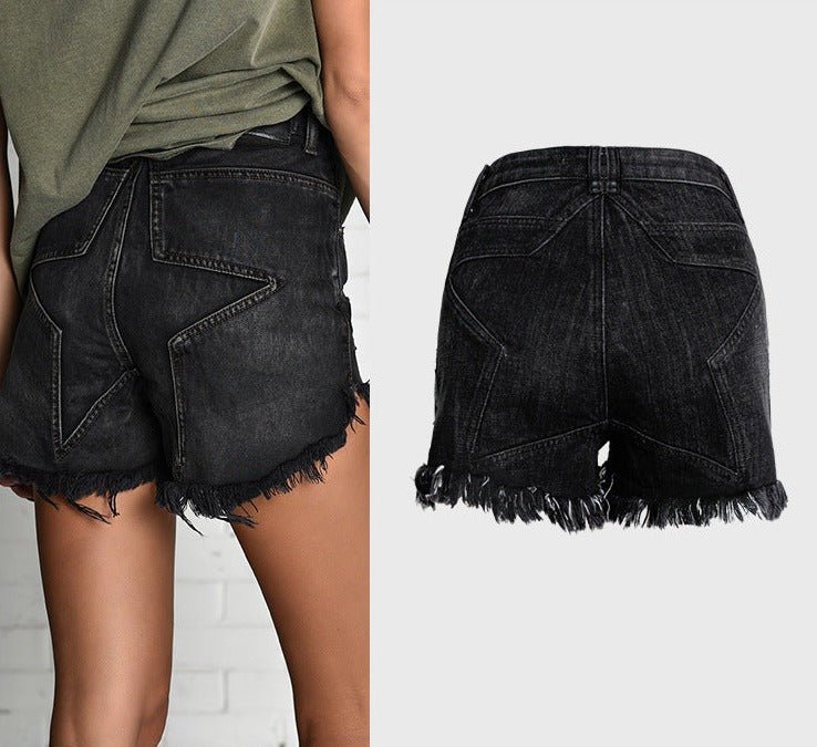 Short taille haute en jean effet vieilli à franges irrégulières et motif étoile Femme - RAPHYA