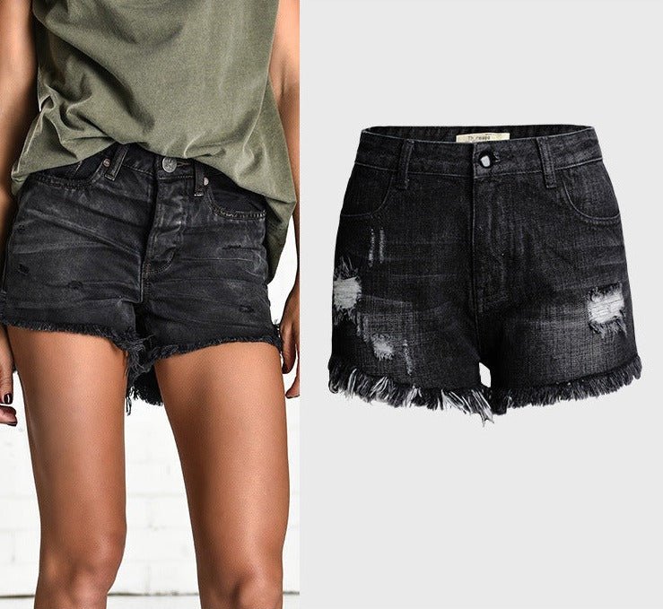 Short taille haute en jean effet vieilli à franges irrégulières et motif étoile Femme - RAPHYA