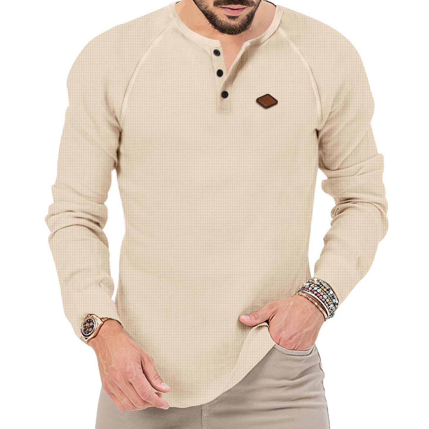 T - shirt à manches longues raglan orné de col Henley pour hommes - RAPHYA