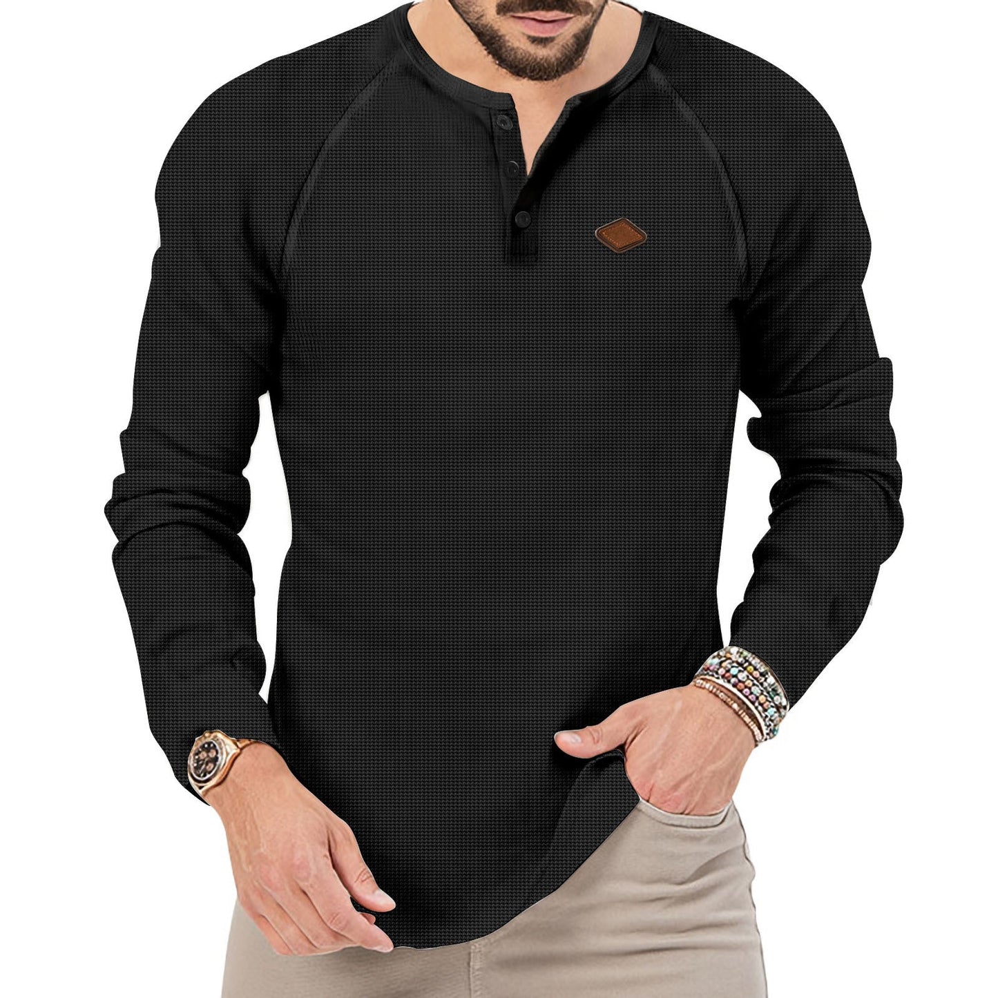 T - shirt à manches longues raglan orné de col Henley pour hommes - RAPHYA