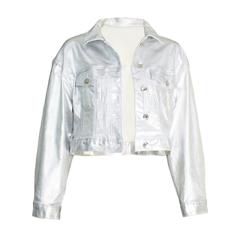 Veste courte en cuir PU composite argent brillant pour femme - RAPHYA