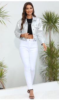 Veste courte en cuir PU composite argent brillant pour femme - RAPHYA