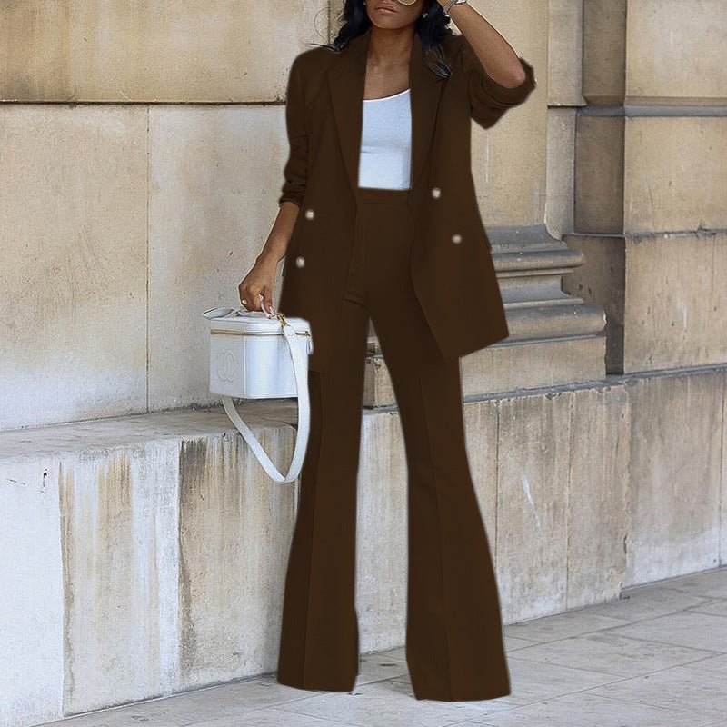 Veste décontractée simple à double boutonnage, pantalon à jambes larges, costume d'automne Femme - RAPHYA