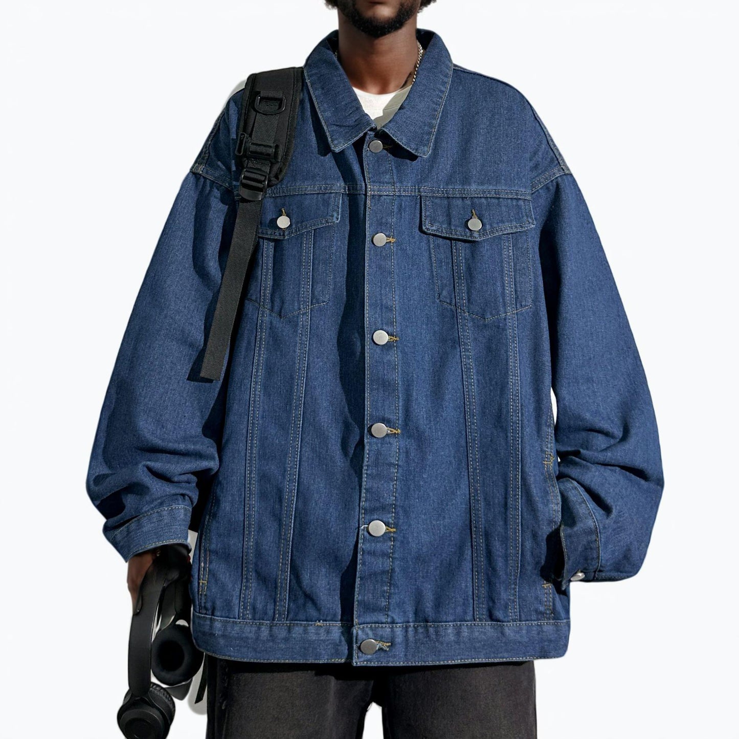 Veste en jean ample décontractée simple bleu foncé Homme - RAPHYA