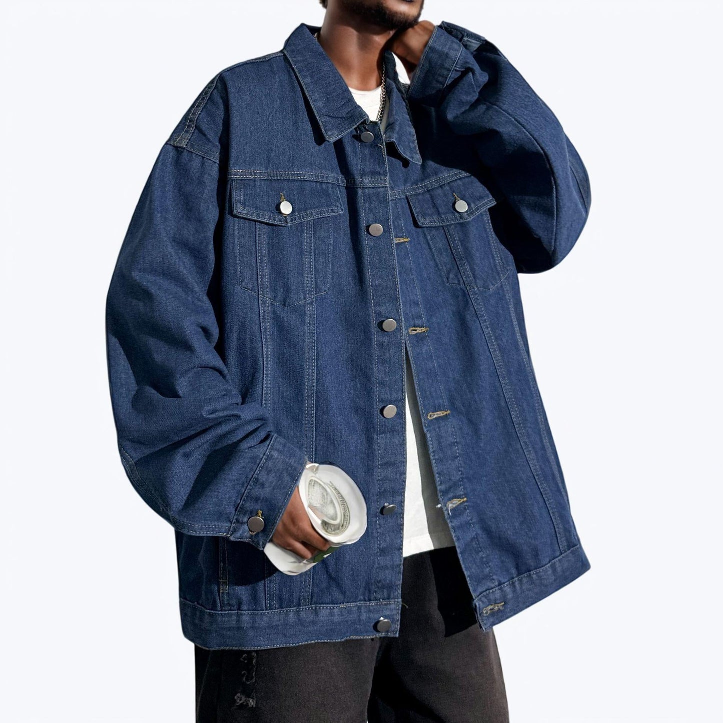 Veste en jean ample décontractée simple bleu foncé Homme - RAPHYA