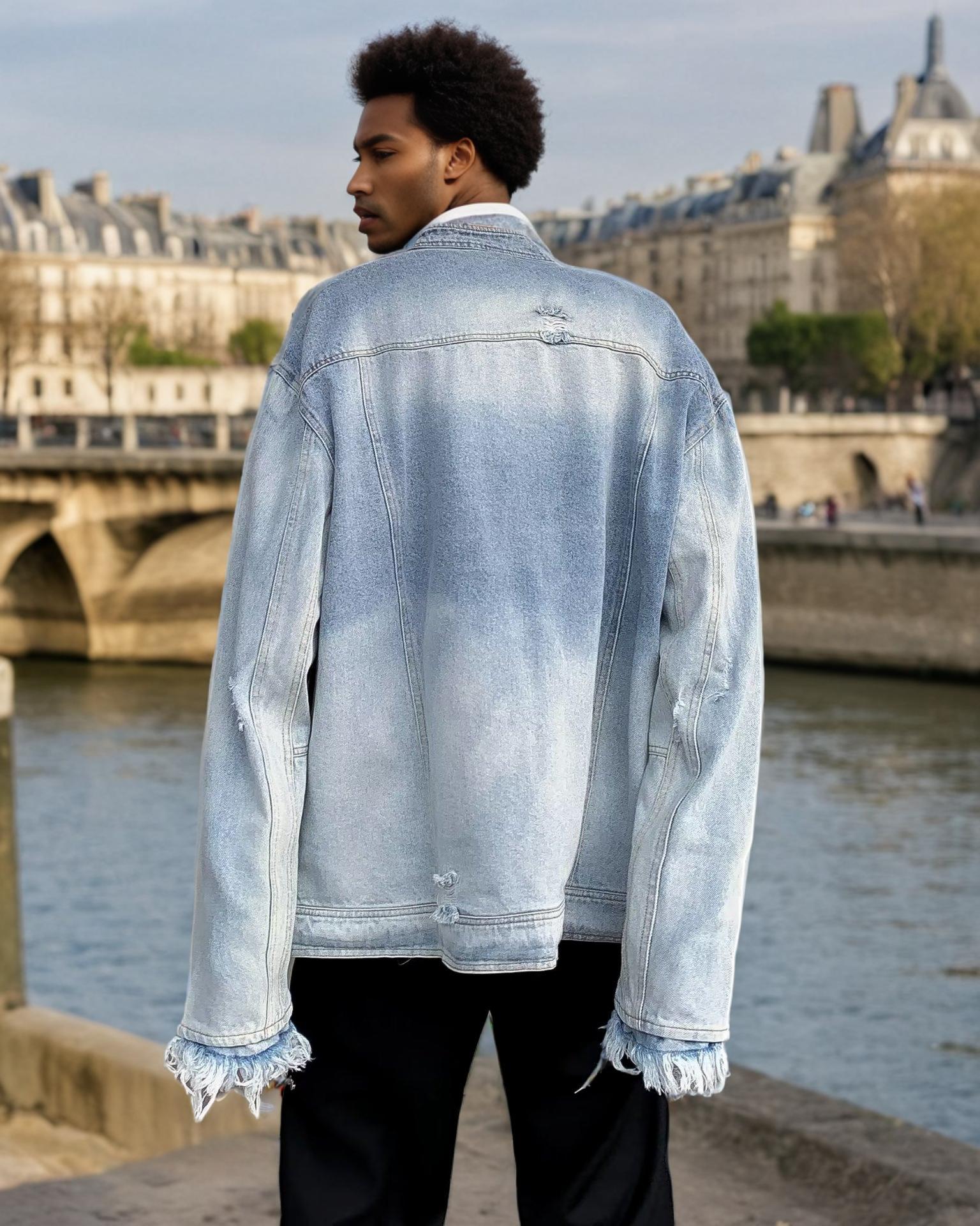 Veste zippée en jean délavé dégradé Homme - RAPHYA