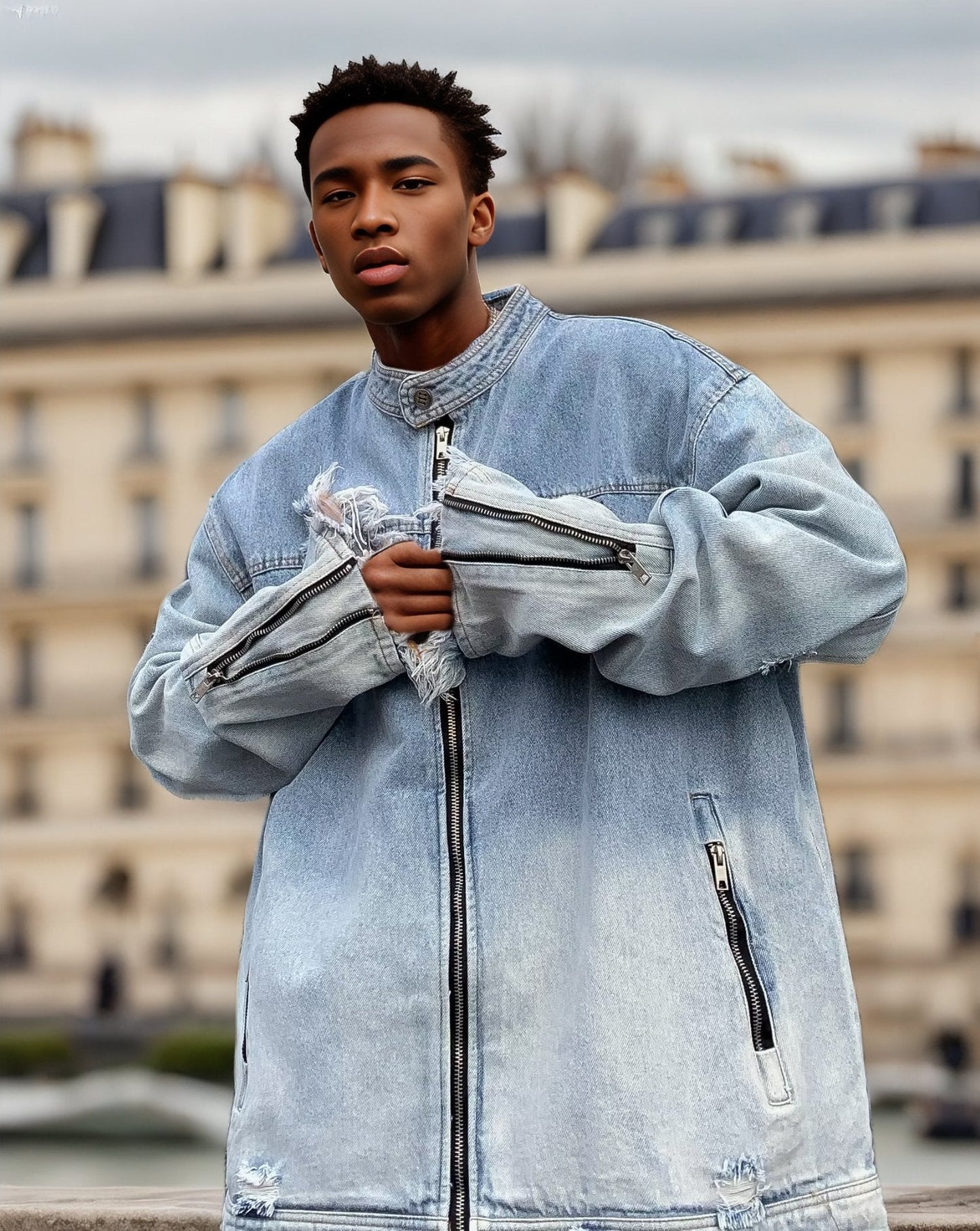 Veste zippée en jean délavé dégradé Homme - RAPHYA