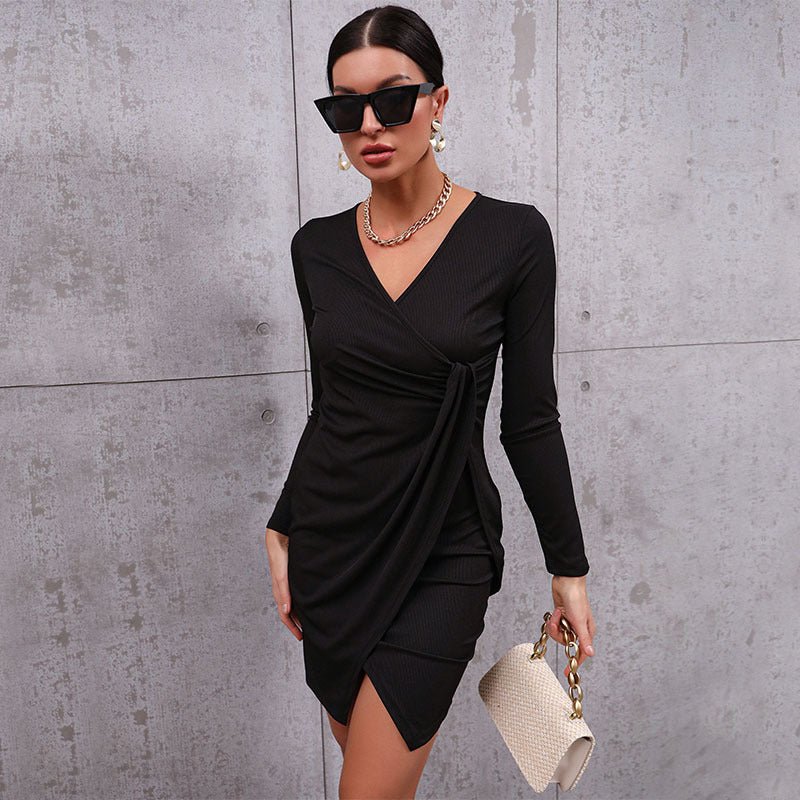 Black v-neck slim long-sleeved dress Femme - RAPHYA