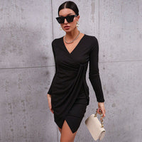 Black v-neck slim long-sleeved dress Femme - RAPHYA